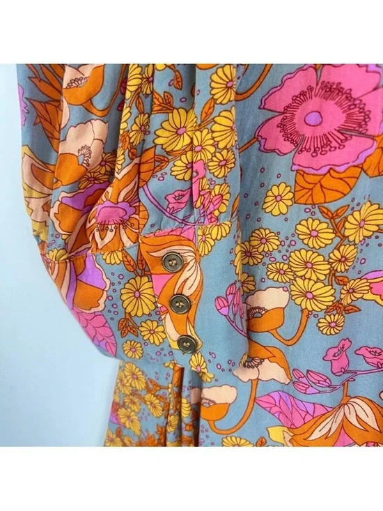 Natural Life Twiggy Vibrant Floral Button-Up Tunic Shirt Dress Pink & Mustard - Picture 6 of 14